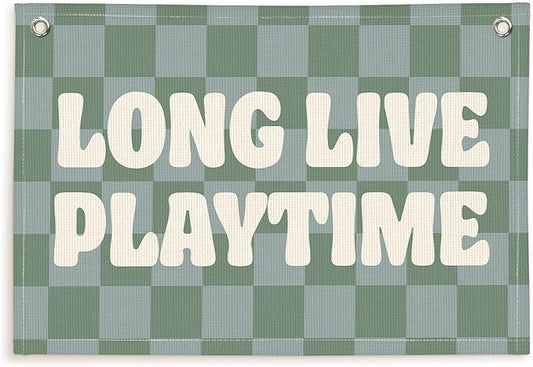 Lacama Playroom Decor, Play Room Wall Decor, Green Long Live Playtime Linen Banner Wall Hanging, Boho Cute Banner Flag Decor for Nursery Boys Room 30x20 Inch