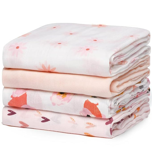 Momcozy Muslin Swaddle Blankets, 4 Pack Soft and Breathable Skin-Friendly Large 47 X 47 Inches Neutral Matching Baby Swaddling Receiving Blankets for Newborn Girls and Boys