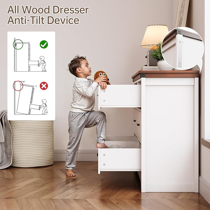 Farmhouse 6 Drawer Dresser for Bedroom, 51" Wide Chest of Drawers, Wooden Dresser Tv Stand, Storage Dressers Organizer for Bedroom, Living Room, Hallway, White