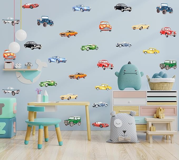 Watercolor Classic Car Wall Stickers, Retro Racecar Off-Road Vehicle Vinyl Wall Decals, Removable Vintage Car Artwork Wall Art for Boys Bedroom Playroom Decor