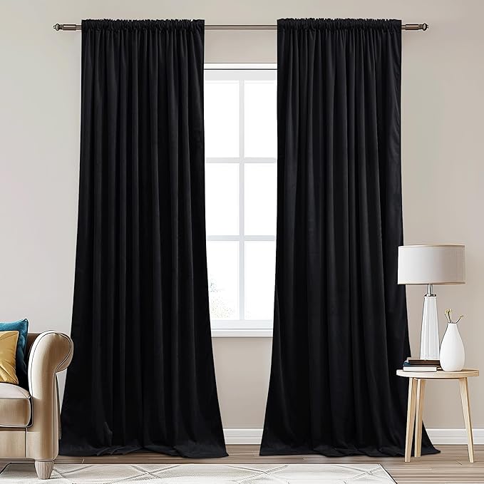 StangH Black Blackout Velvet Curtains for Sliding Door, Extra Wide Thermal Insulated Privacy Drapes Back Tab Heavy Window Panels for Home Theater Studio, W62 x L96, 2 Panels