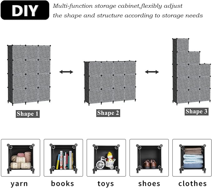 AWTATOS 12 Cube Storage Organizer with Doors, DIY Plastic Closet Shelf, Modular Bookshelf, Stackable Shelving Rack for Bedroom, Living Room, Black ULPZ012