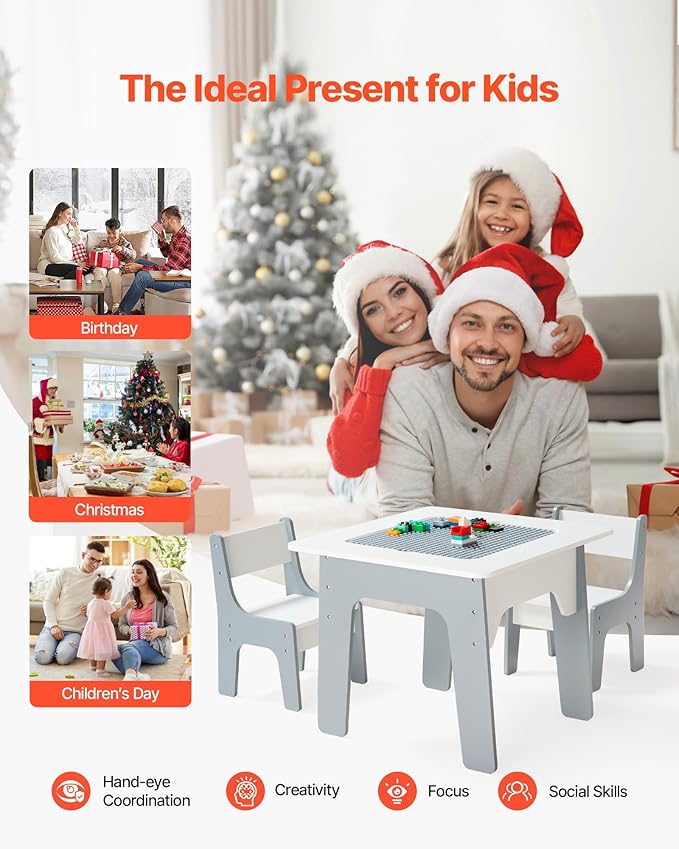 VEVOR Kid Activity Table and 2 Chairs Set, 23*23*20inch Graffiti & Building Blocks Double-Sided Tabletop, Toddler Play Table with Storage for Kids 3+ Years, Large Storage Space, Gift for Boys & Girls