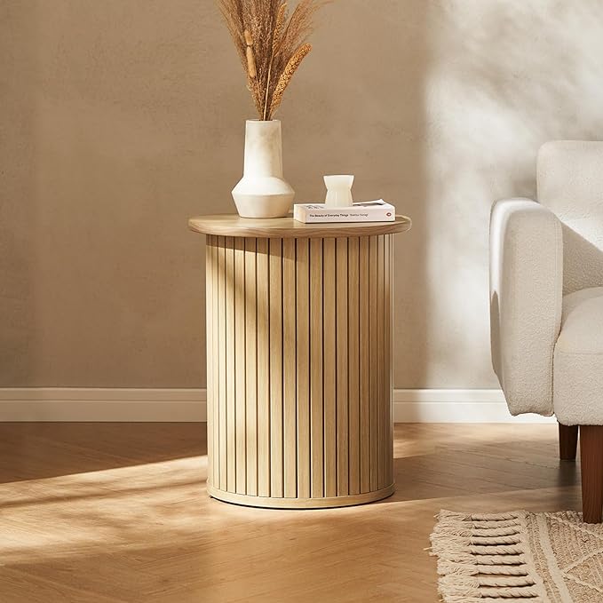 mopio Quin Pedestal Side Table, Tambour Round Fluted End Table, Small Accent Tables for Living Room, Mid Century Modern Night Stand, Circle Bedside Tables, Wood Nightstands for Bedroom (Light Oak)