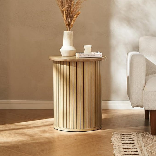 mopio Quin Pedestal Side Table, Tambour Round Fluted End Table, Small Accent Tables for Living Room, Mid Century Modern Night Stand, Circle Bedside Tables, Wood Nightstands for Bedroom (Light Oak)
