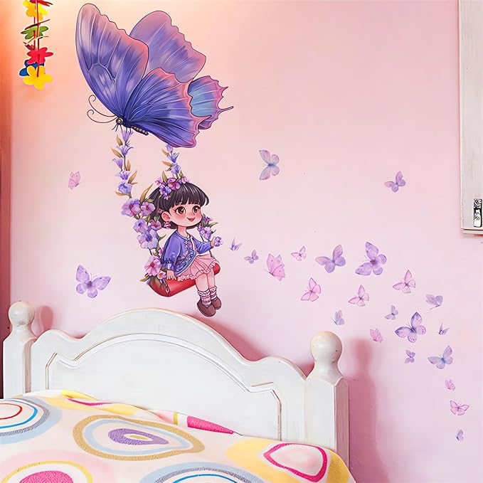 Purple Girl Butterfly Swing Wall Stickers, Cartoon Wall Decals Removable Vinyl Peel and Stick Kids Baby Children Nursery Bedroom Toddler Room Kindergarten Art Home Decorations
