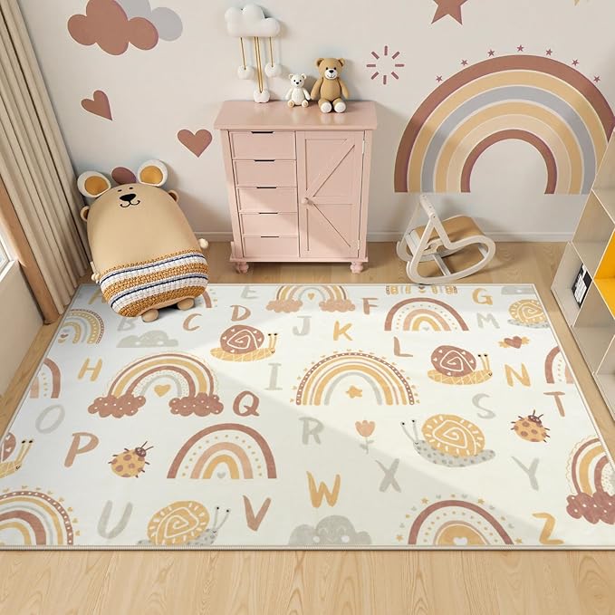 LIVEBOX Kids Rainbow ABC Alphabet Bedroom Rug 5x7, Washable Playroom Rug for Girls,Non Slip Soft Cute Kids Room Carpet Mat (Orange)