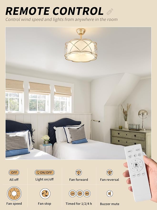 20" Gold Fandelier Ceiling Fan with Light, Fabric Boho Chandelier Ceiling Fans with Lights Remote Control, Mid-Century Modern Caged with 6 Speeds for Bedroom, Nursery