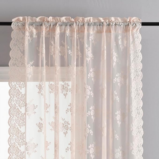 Kotile Blush Sheer Curtains 80 Inch Length 2 Panels Cottagecore Floral Coquette Curtains for Girls Bedroom, Rod Pocket Light Filtering Privacy Lace Window Curtain, 52 x 80 Inch, Blush Pink