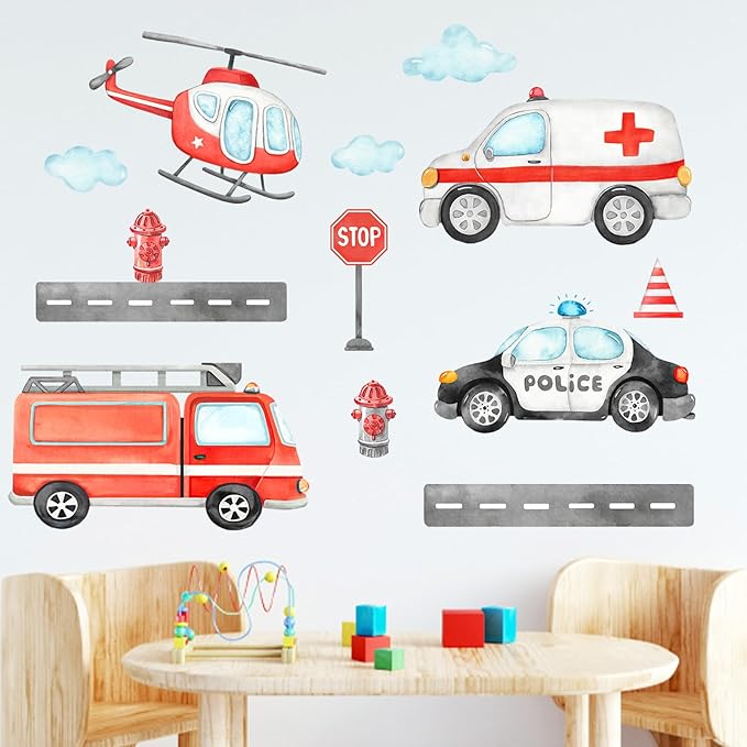 Mfault Vehicles Transportation Wall Decals Stickers, Helicopter Ambulance Fire Truck Police Car Nursery Decorations Boys Bedroom Art, Stop Roadblock Hydrant Cloud Toddlers Kids Room Playroom Decor