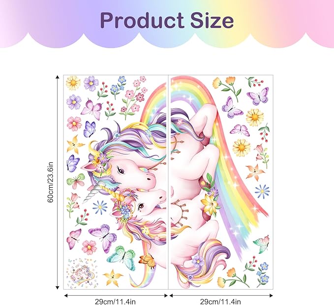 Tanlaby Rainbow Unicorn Wall Decals Flowers Butterflies Unicorn Wall Stickers Peel and Stick Wall Art Decor for Baby Nursery Girls Bedroom Daycare Playroom
