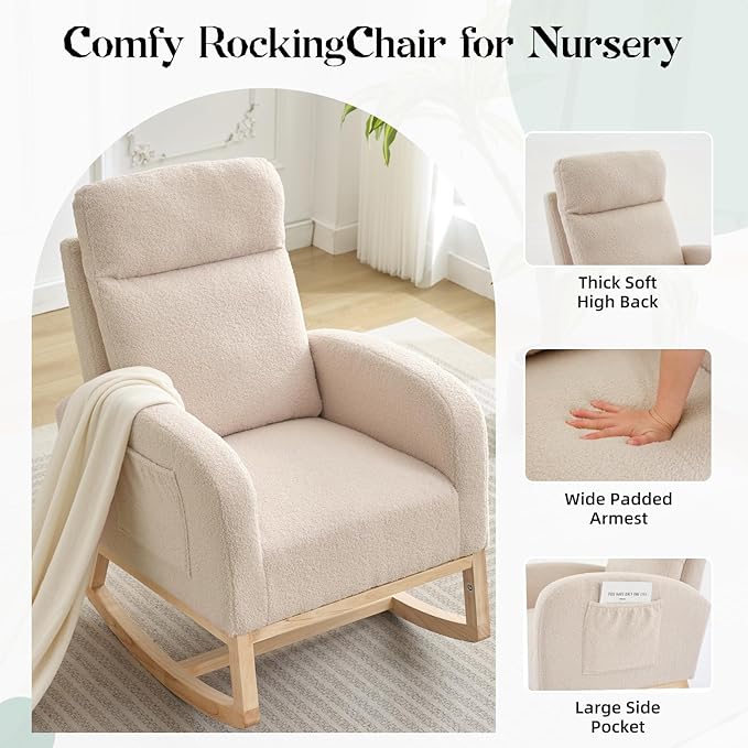 Rocking Chair Nursery, Modern Upholstered Glider Rocker with Side Pocket, Upholstered Lounge Chair with Solid Wood Base for Relaxin, for Living Room, Bedroom