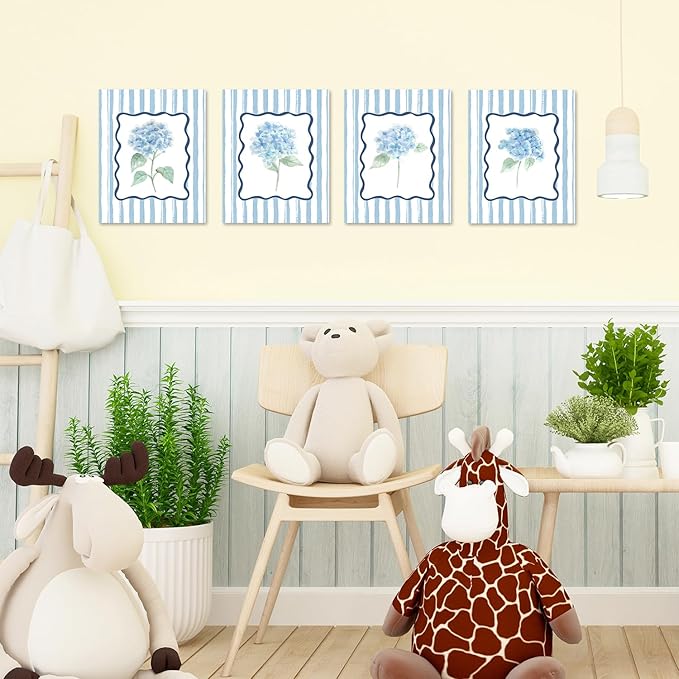 JINYO Retro Blue Hydrangea Floral Wall Art Prints Set of 4, Floral Room Decor, Rustic Blue and White Striped Botanical Flower Posters Pictures Wall Decor for Home Bedroom, 8x10 Unframed