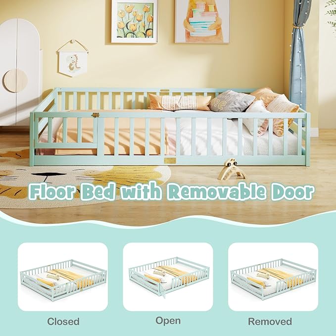 KOMFOTT Queen Size Wood Floor Bed with Door & Fence, Montessori Bed Frame with Full Length Safety Guardrails, Door & Latch, Wooden Montessori Floor Bed for Kids, Girls, Boys (Queen,Light Green)