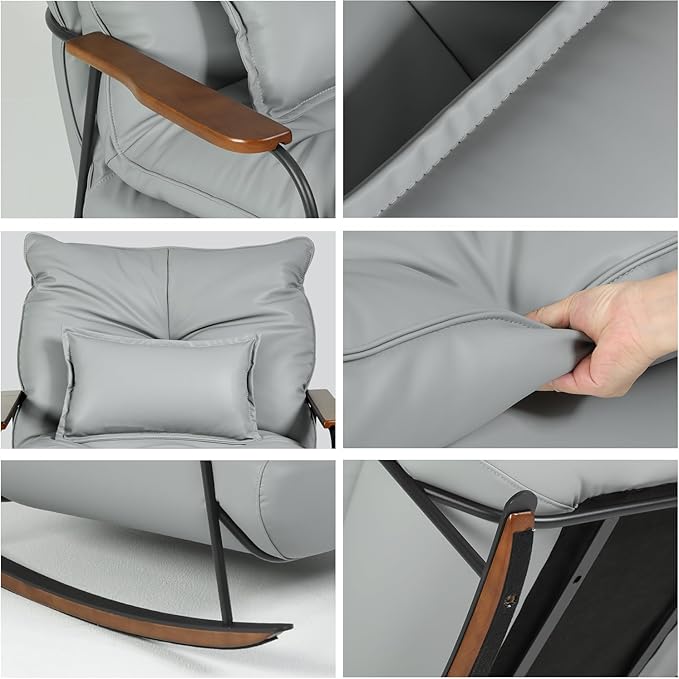 ZYZ Rocking Chair with Ottoman and Pillow, Mid-Century Modern Recliner, Reclining Nursery Rocker, Wood Armchair, 25° Rocking Motion, Lazy Sofa for Living Room Bedroom Balcony, PU Leather (Creamy Grey)