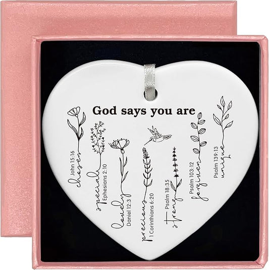 Heart Shaped Christmas Ornament-Christian Scripture Gift for Women-God Says You are Affirmation Religious Bible Verse Keepsake-Inspirational Birthday or Graduation Ornament Home Decor