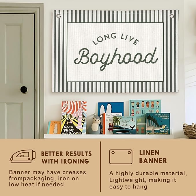 Lacama Vintage Green Long Live Boyhood Boys Room Decor, Boy Nursery Decor, Linen Banner Wall Hanging Canvas Banner Flag Decor for Toddler Boy Room Nursery 30x20 Inch