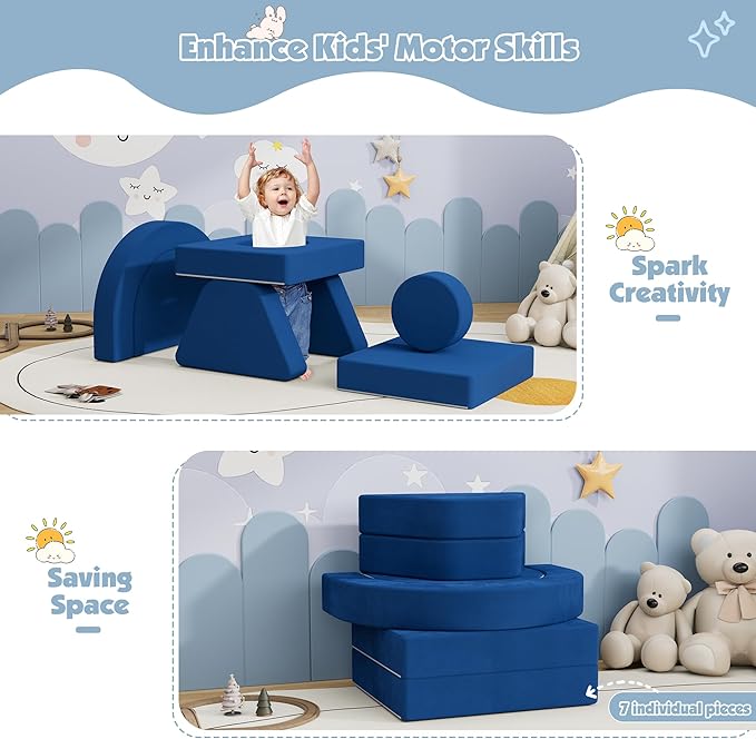 7 PCS Modular Kids Play Block Couch Child Sectional Sofa Toddler Building Fortplay Bedroom Playroom Baby Convertible Floor Foam Cushion for Boys & Girls (Blue-Single)