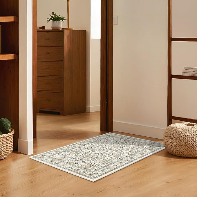 WITSHOCK Door Mat Indoor Entrance 2x3 Machine Washable Non Slip Backing Mat Soft Foldable,Vintage Rugs Mats, Throw Rugs for Front Door, Entryway Rug, Cream Color