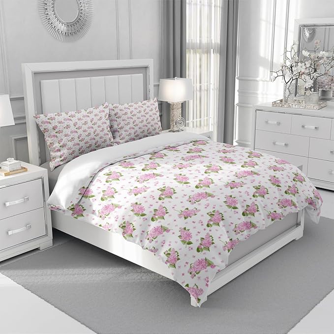 Floral Duvet Cover Full Girl Pink Bedding Sets Garden Style Floral Comforter Cover Pink White Flower Bedding Sets Flower Branches Pattern Duvet Cover with Zipper Closure