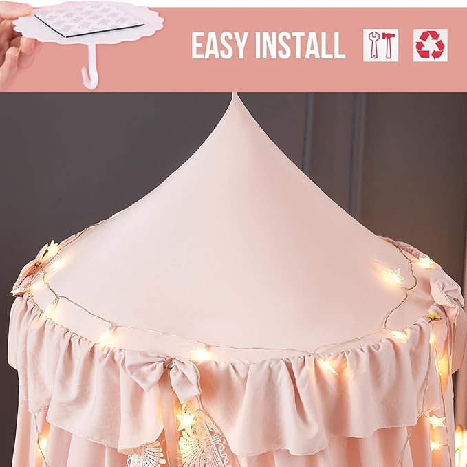 Kertnic Bed Canopy for Girls, Ruffled Soft Pink Princess Canopy Dreamy Bow Decor, Bed Canopies for Kids Room, Hanging Canopy Bedding Drapes Toddler Reading Nook Play Tent (Pink)