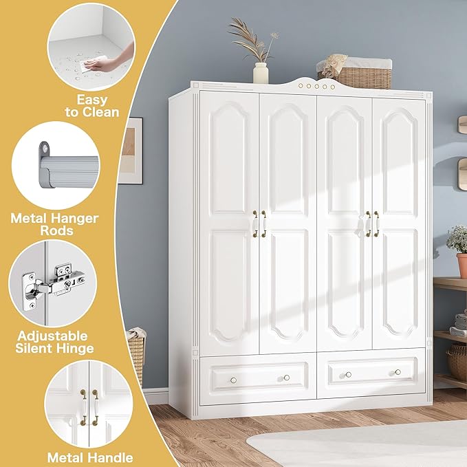 White Armoire Wardrobe Closet with Drawers: 74" Large Wardrobe Closet with 4 Doors and 2 Drawers, Bedroom Armoires with Hanging Rod, Wooden Armoire Closets for Hanging Clothes (White, 59")