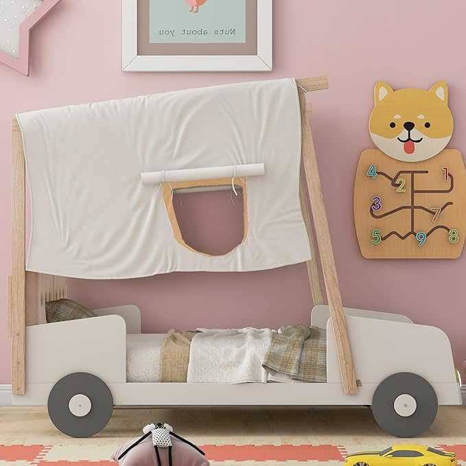 Twin Size Classic Car-Shaped Platform Bed with Wheels and Ceiling Cloth, Solid Wood Low Bed Frame with Pillow and LED Lights, Cute Floor Bed for Kids Boy Girls