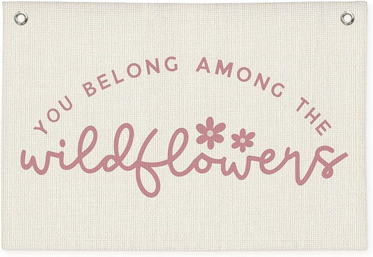 Girls Room Decor, Wildflower Baby Girl Nursery Decor, Baby Shower Pink Linen Canvas Banner, Wall Hanging Banner Flag 20x30 Inch - Pink