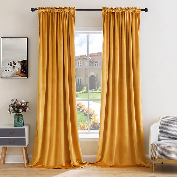 MIULEE Mustard Yellow Velvet Curtains Thermal Insulated Blackout Curtain Fall Drapes for Bedroom Living Room Darkening 84 Inches Long Curtains Panels Rod Pocket Set of 2