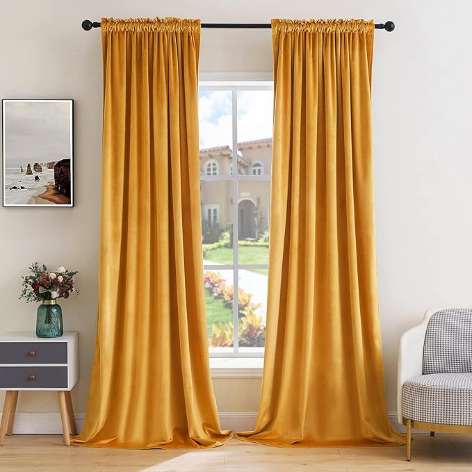 MIULEE Mustard Yellow Velvet Curtains Thermal Insulated Blackout Curtain Fall Drapes for Bedroom Living Room Darkening 96 Inches Long Curtains Panels Rod Pocket Set of 2