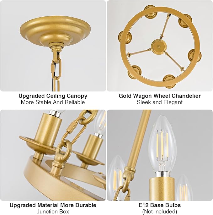 Wagon Wheel Chandelier, 6-Light Gold Round Modern Farmhouse Chandelier with Adjustable Height Hanging Island Light Fixture for High Ceiling Dining Room, Kitchen, Living Room, Entryways, Foyer