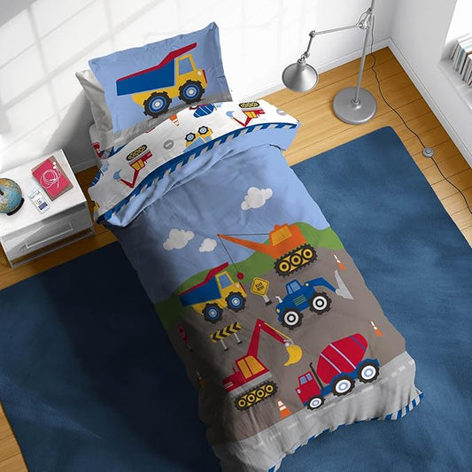 Sunny Side Up Construction Zone Twin Comforter Set - 5 Piece Kids Bedding Includes Comforter, Sheets & Pillow Cover - Super Soft Vehicles Microfiber Bed Set
