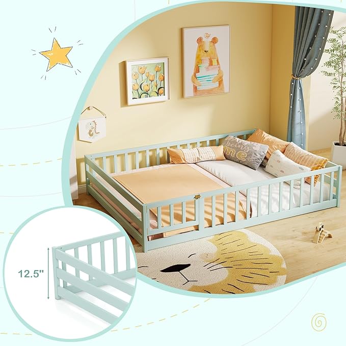 KOMFOTT Full Size Wood Floor Bed with Door & Fence, Montessori Bed Frame with Full Length Safety Guardrails, Door & Latch, Wooden Montessori Floor Bed for Kids, Girls, Boys (Full,Light Green)