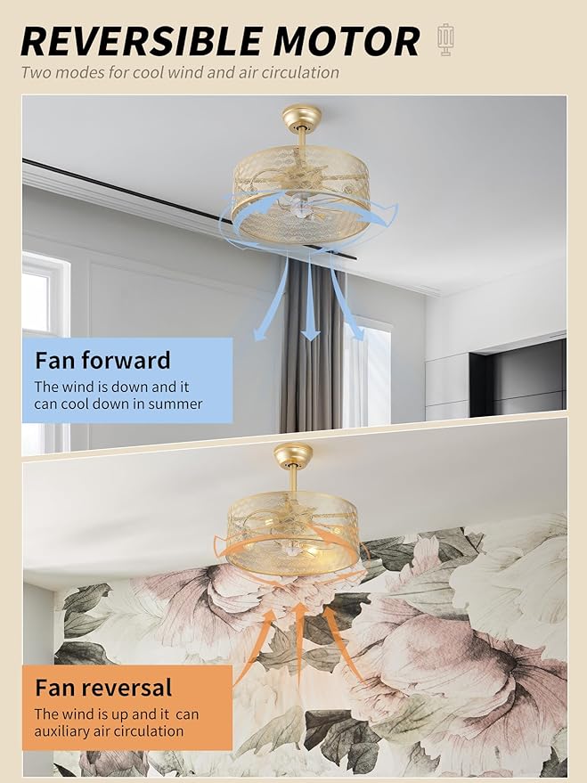 20" Boho Ceiling Fans with Lights, Gold Fandelier Ceiling Fan with Light Remote Control with Caged 6 Speeds for Bedroom, Nursery, Living Room