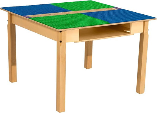 Contender Time-2-Play 35" x 31"Hardwood Blue & Green Lego Compatible Table with Trough and Shelf, Solid Wood Toddlers Activity Desk Playroom, Daycare, Or Preschool [ 22" Long Legs]