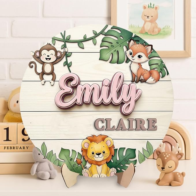 Custom Woodland Animal Name Sign – Wooden Signs Personalized Room Plaque with Monkey, Fox, Lion and Leaves, Nursery Door or Wall Hanging Decor