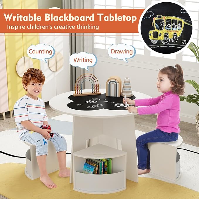 HONEY JOY White Kids Table and Chair Set, Children Activity Play Table with 4 Storage Stools for Art Craft, Nesting Design Toddler Table and Chair Set for Playroom, Daycare, Gift for Boys Girls
