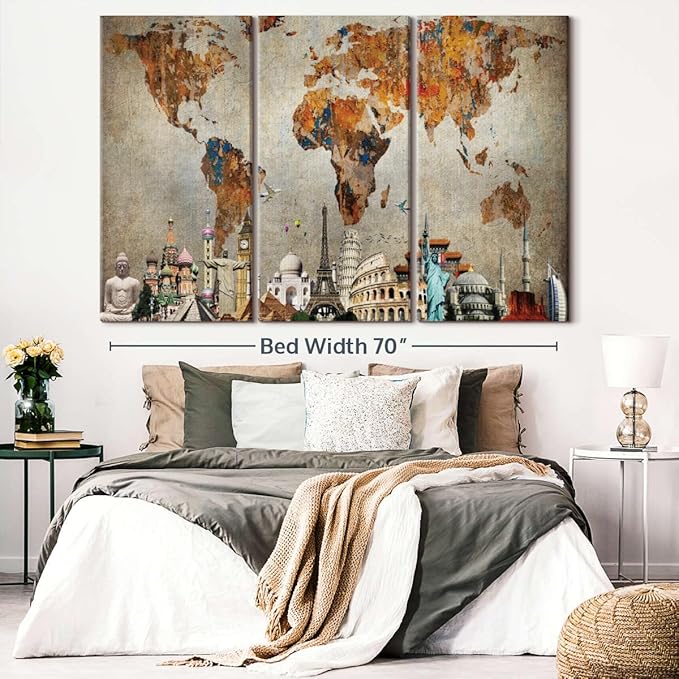 ElephantStock Rusty World Map Multi Piece Canvas - 3 Piece Canvas World Map Wall Decor - Wall Decor - Ready-to-Hang Print - Vintage Wall Art - 74" X 48"