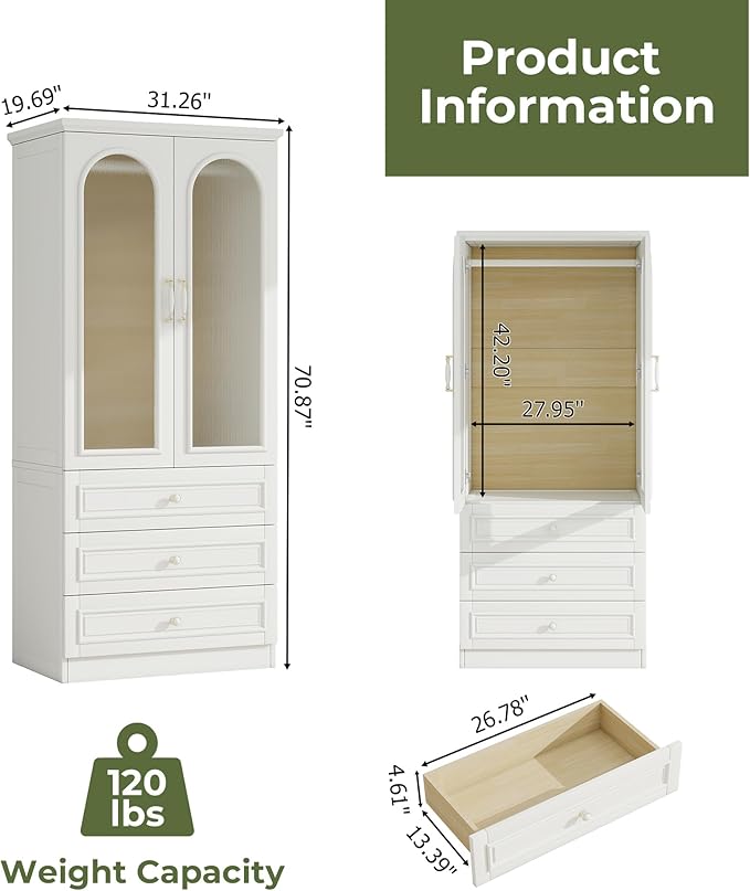 Solid Wood Wardrobe Closet:TemkTuek 70.87" Armoire,Clothing Storage Cabinet with Drawers,Doors,Hanging Railsand Shelves,Vintage Freestanding,Bedroom,White(19)