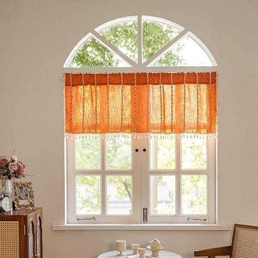 Deeprove Orange Boho Curtain Valance for Cafe Kitchen Closet Doorway Cottage Decor, Burnt Sheer Bohemian Farmhouse Cotton Linen Short Panel Tassel Vintage Chic Window Drape, W52 x L18, 1 Piece