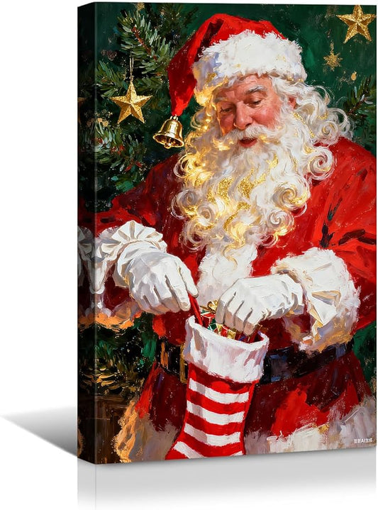 YONICA Christmas Canvas Wall Art Stocking Santa 18x24 Inch Oil Painting Filling Christmas Sock - Large Framed Gallery Wrapped Family Tradition