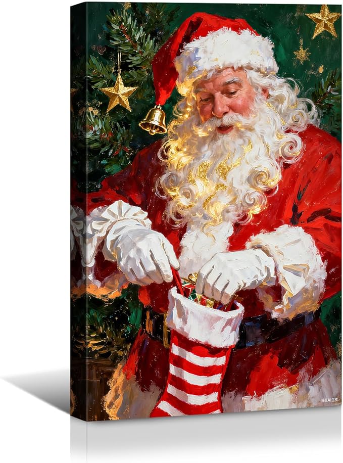 YONICA Christmas Canvas Wall Art Stocking Santa 36x46 Inch Oil Painting Filling Christmas Sock - Large Framed Gallery Wrapped Family Tradition