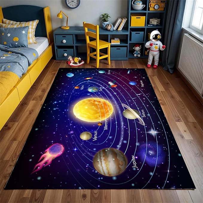 Solar System Planet Area Rug,3x4ft,Boys and Girls Room Large Play Mat, Suitable for Children's Room Bedroom, Classroom, Daycare Center, Kindergarten, Non-Slip Washable Carpet