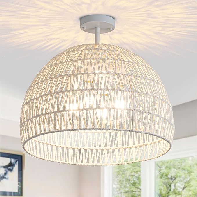 Rattan Ceiling Light Fixture, 4-Light Boho Semi Flush Mount Ceiling Light, 20" Wicker Light Fixture with Handmade Woven Cage Lampshade, Rattan Chandelier for Bedroom Hallway Nursery Kitchen Farmhouse