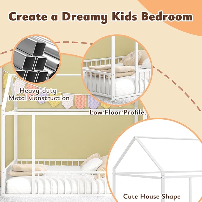 Bellemave Full Size Montessori Floor Bed, Metal House Bed Framefor Kids, Montessori Floor Beds with Fence, Playhouse for Kids, White
