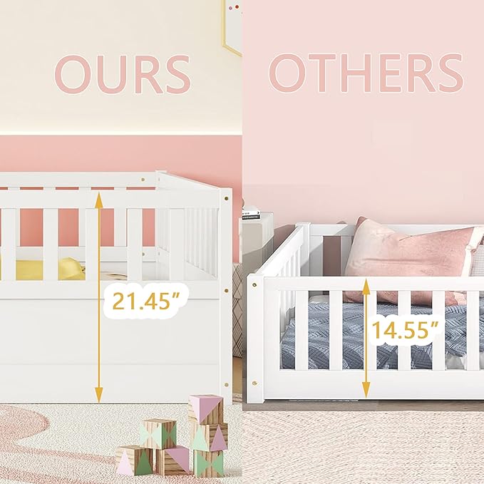 Bellemave Full Floor Bed with Slats and High Fence, Full Size Montessori Floor Beds with Door, No Box Spring Needed, Easy Assemble Montessori Bed Frame(White Full)