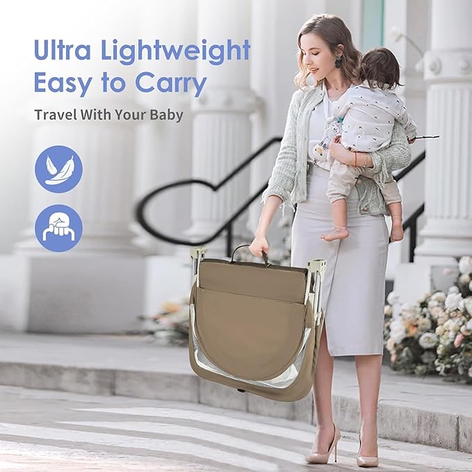 Portable Baby Bassinet for Baby Travel, Baby Cribs Travel Pod for Outdoors Baby Lounger Infant Travel Bed with Mosquito Net and Sunshade Canopy, Lightweight Washable (Brown)