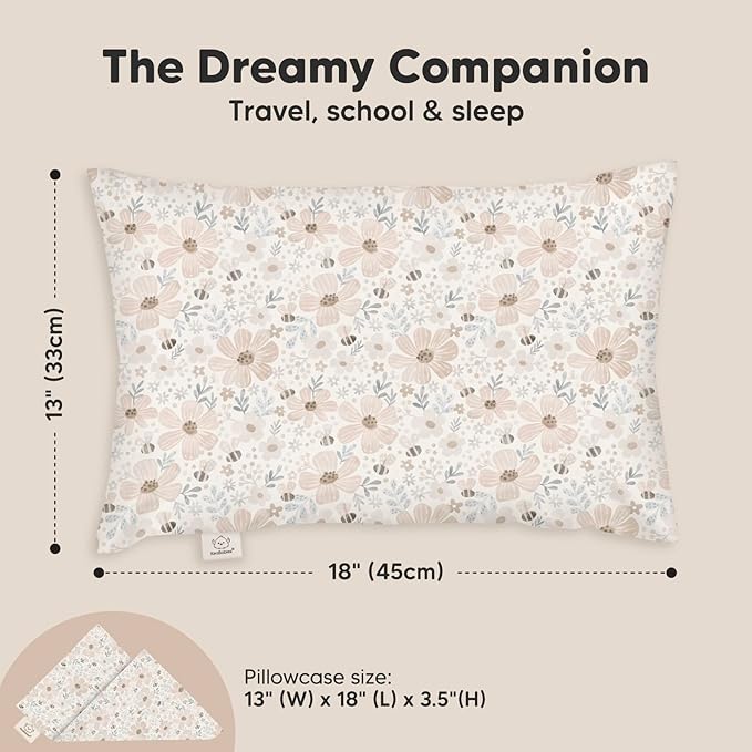 Toddler Pillow with Pillowcase - 13x18 My Little Dreamy Kids Travel Bed Pillows for Sleeping, Organic Cotton Small Pillowcase, Soft & Breathable, Machine Washable, Toddlers 2-5 years old (Flora Vale)