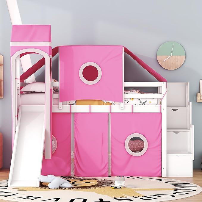 Playhouse Twin Size Low Loft Bed with Slide & Tent and Tower, Solid Wood Tent Bed Frame with Storage Staircase for Kids Teens Boys Girls, Versatile Spacious Under Bed Space with Curtains (Pink-TST)