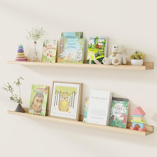Fun Memories Picture Ledge Shelf, Pine Wood Floating Shelves Set of 2, 55 inch Nursery Book Shelves, Photo Ledge Book Shelves Wall Mounted for Living Room Kids' Room Bedroom - Natural